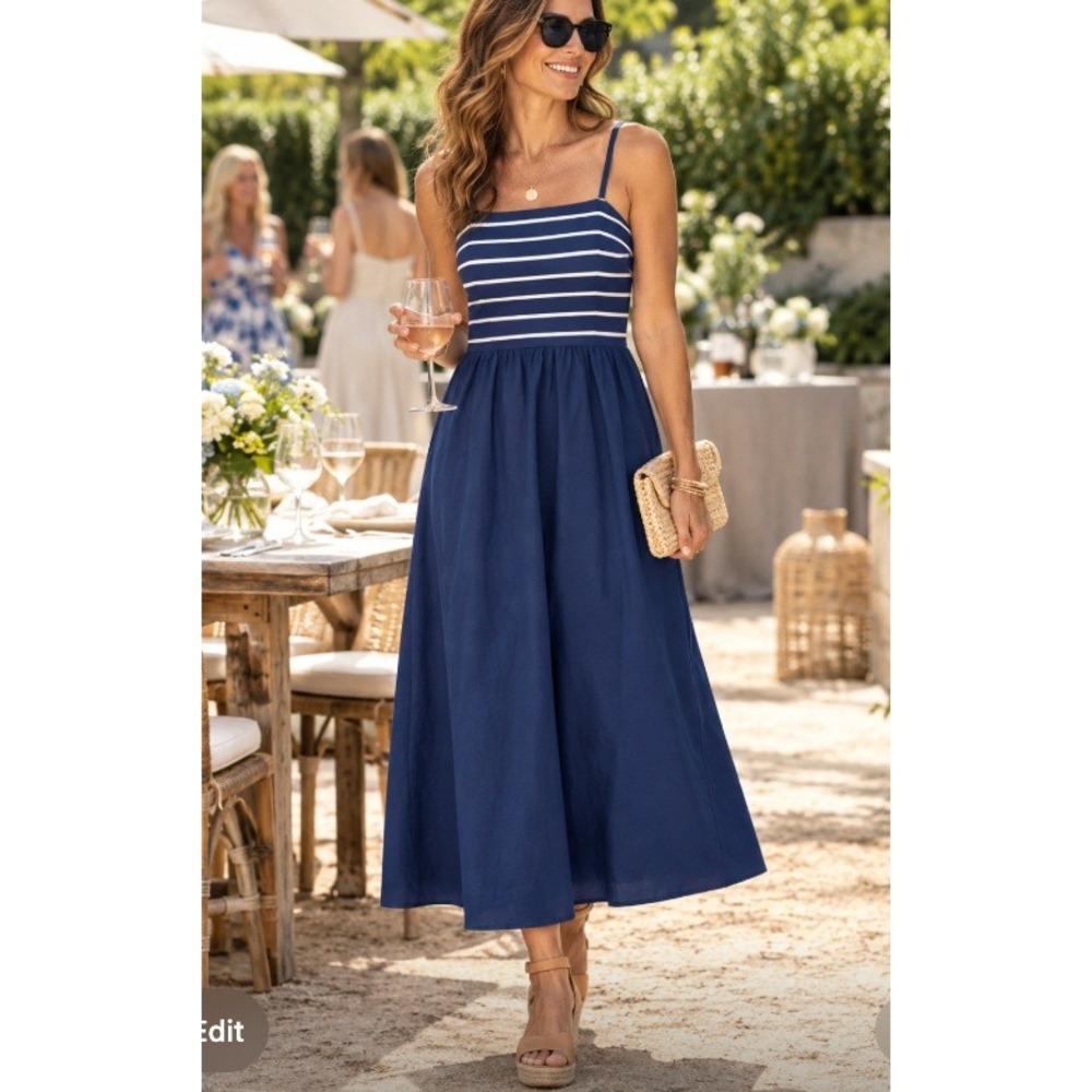 J.Crew Mixed Media Midi Dress Size Small Navy Blue Striped Removable Straps Chic